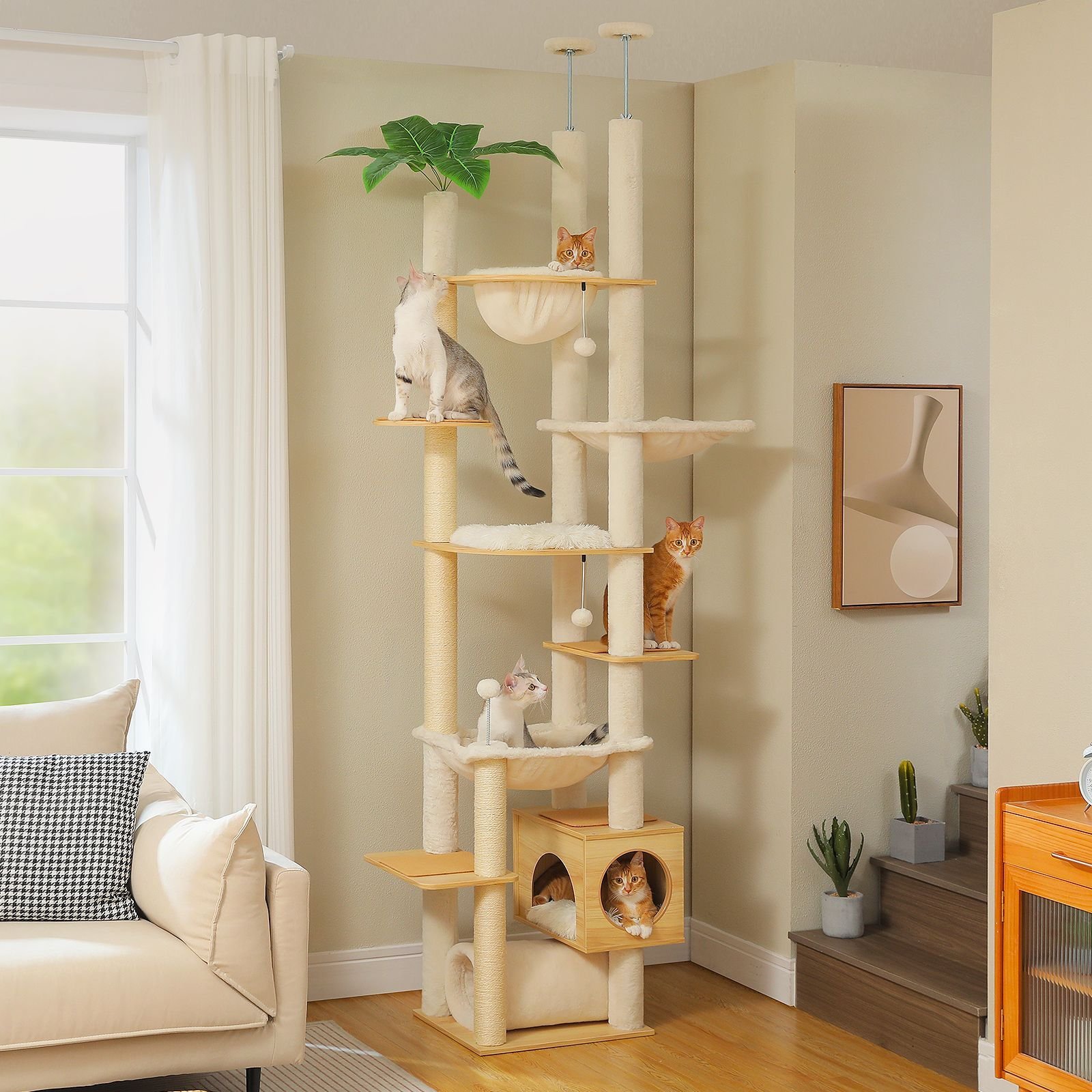 Deluxe Wood Adjustable Floor to Ceiling Cat Tree – Beige