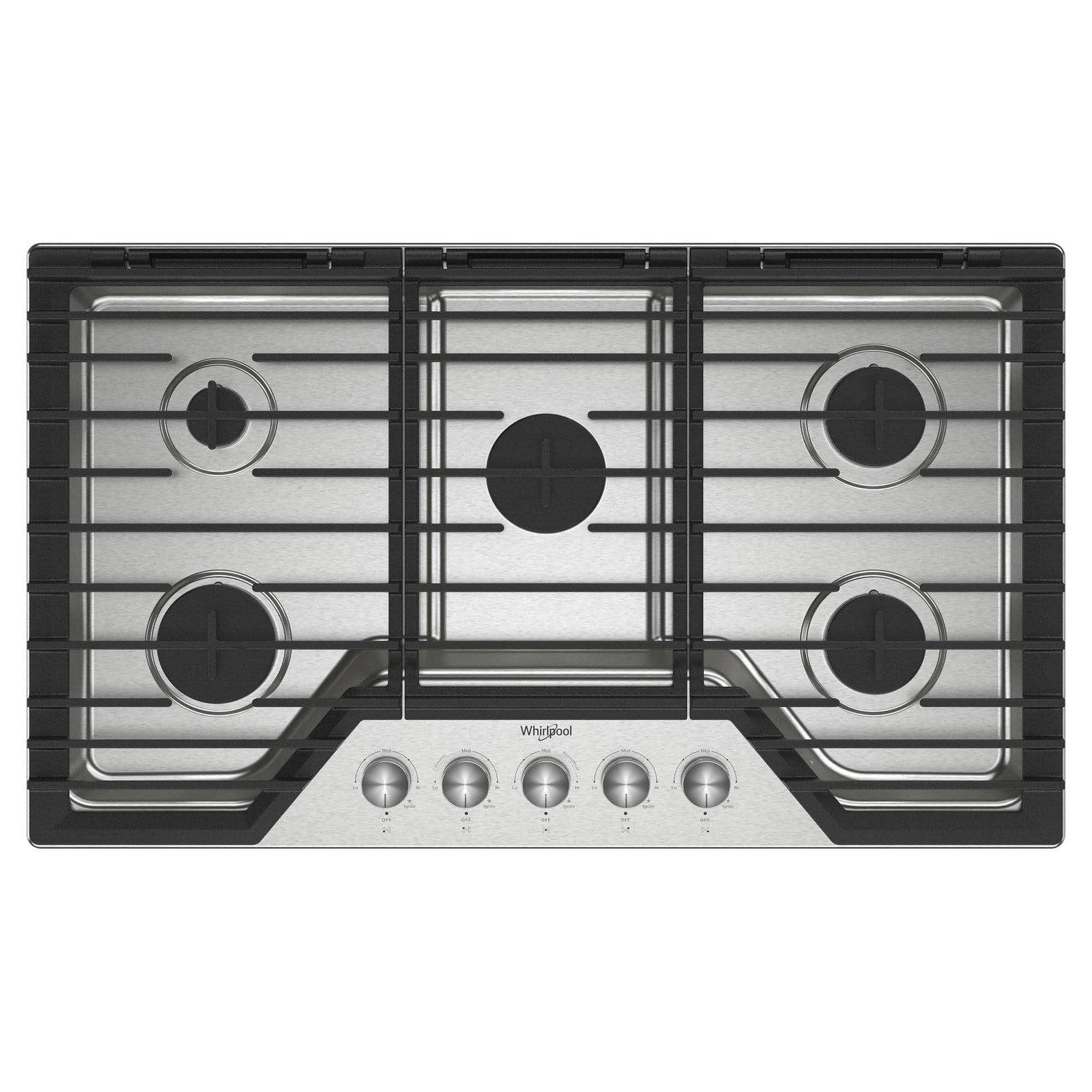 Whirlpool – 36 in. Wide 5 burners Built-In Gas Cooktop with EZ-2-Lift Hinged Cast-Iron Grates – Stainless Steel