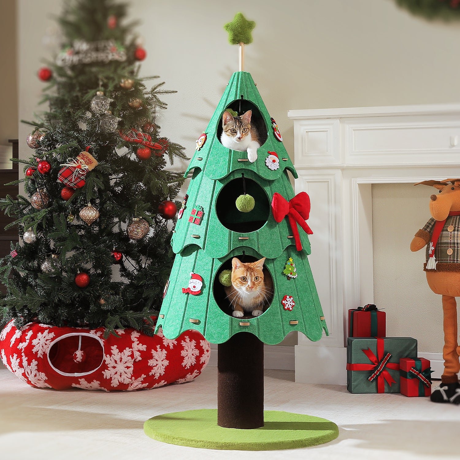 53″ Christmas Cat Tree with Condos & Pompoms – Green