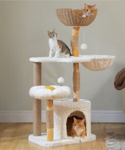 48.5″ Modern Solid Wood Cat Tree with Condo, Hammock & Rattan Perch for Large Indoor Cats