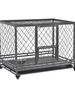 Heavy Duty Dog Cage Metal Kennel and Crate Dog Playpen with Lockable Wheels, Slide-out Tray, Food Bowl and Double Doors