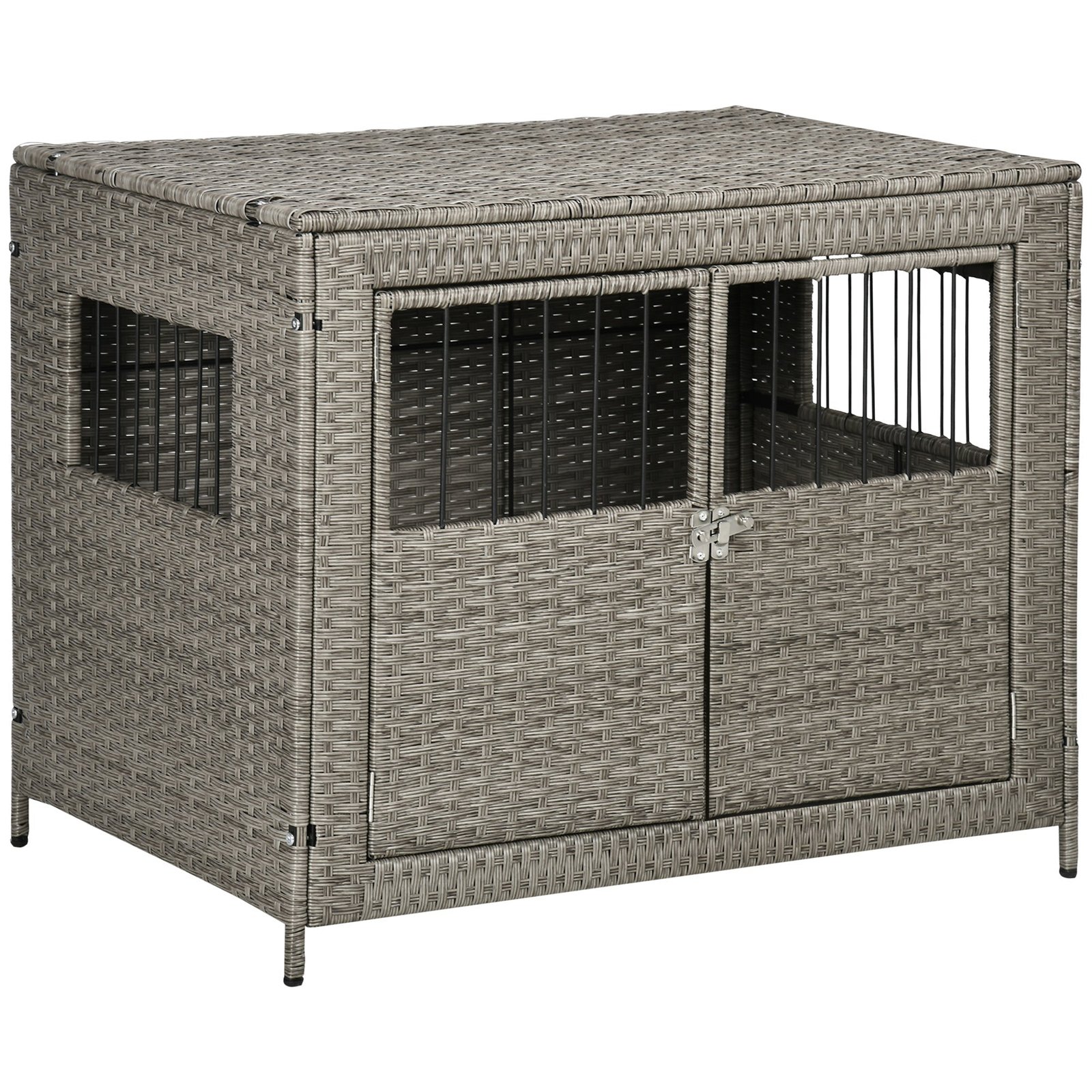 Rattan Dog Crate with Double Doors, Wicker Dog Cage with Soft Washable Cushion, Dog Kennel Furniture for Medium to Large Sized Dogs, Grey