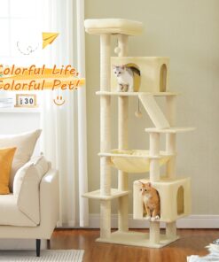 71″ Tall Cat Tree for Large Cat 20 lbs with Super Large Hammock, Heavy Duty Cat Tower with 4 Sisal Scratching Posts & 2 Spacious Condos for Big Adult Cats Maine Coon