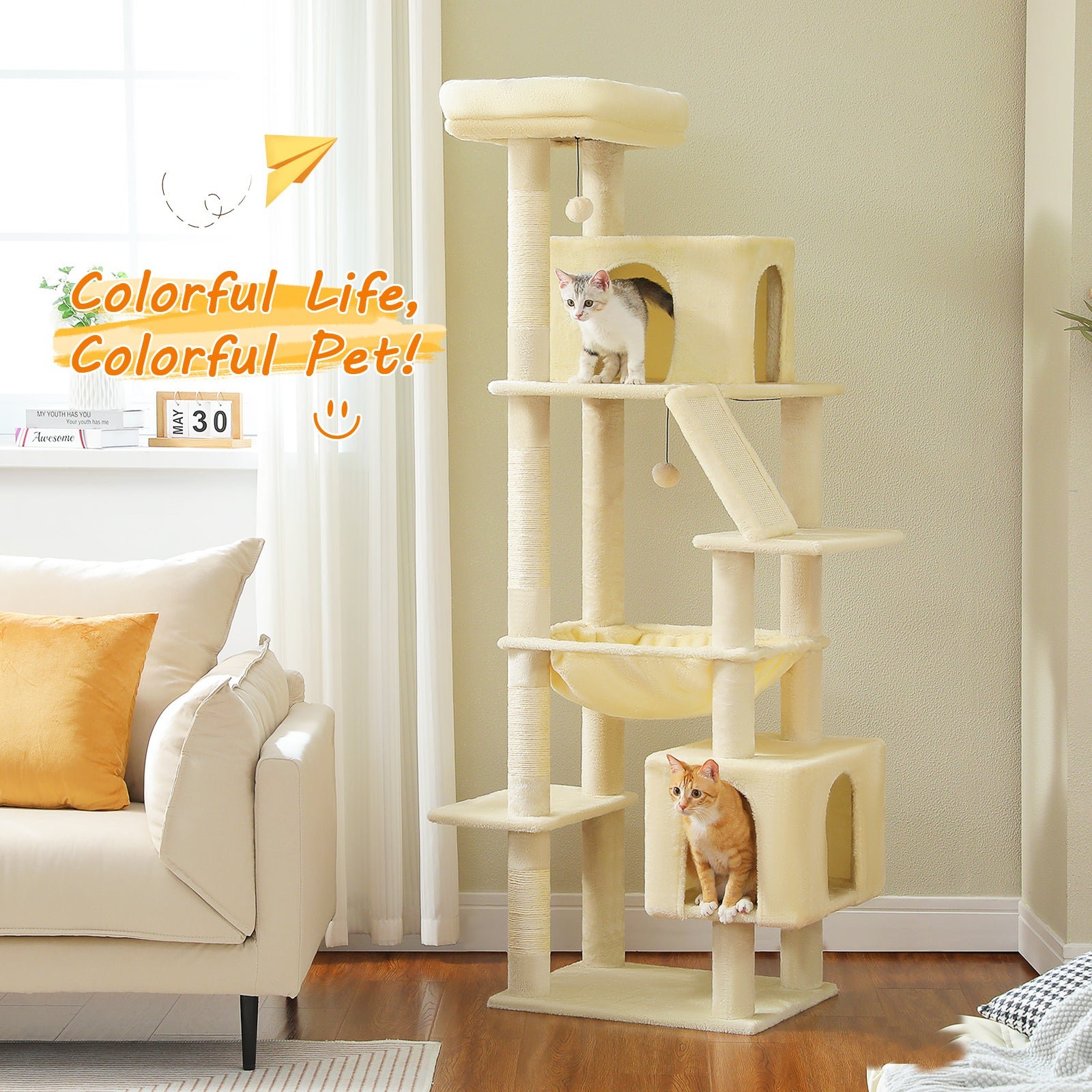 71″ Tall Cat Tree for Large Cat 20 lbs with Super Large Hammock, Heavy Duty Cat Tower with 4 Sisal Scratching Posts & 2 Spacious Condos for Big Adult Cats Maine Coon