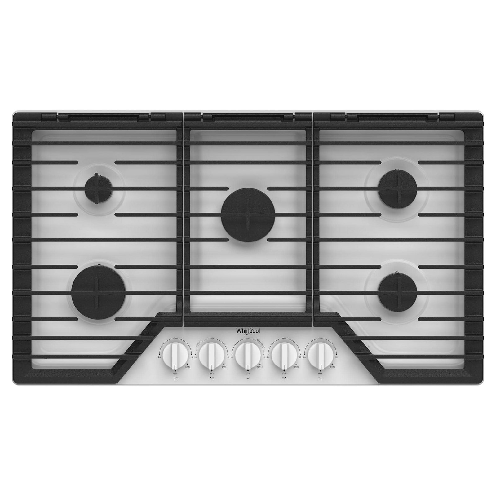 Whirlpool – 36 in. Wide 5 burners Built-In Gas Cooktop with EZ-2-Lift Hinged Cast-Iron Grates – White