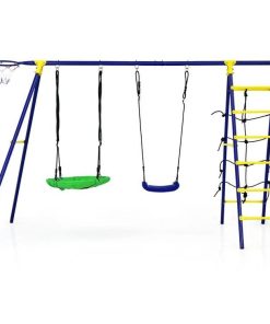 Ultimate 5-In-1 Outdoor Kids Swing Set with Sturdy A-Frame Metal Construction and Secure Ground Stakes