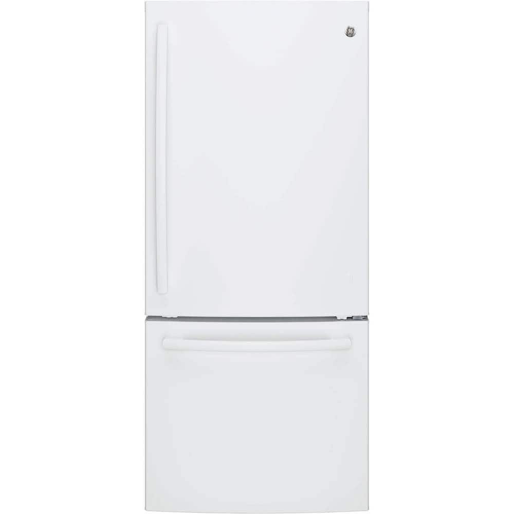 GE – 30 in. Wide 21.0 Cu. Ft. Bottom-Freezer Refrigerator with LED Internal Lighting – High Gloss White