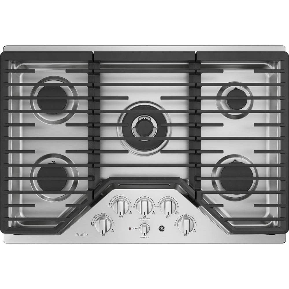GE Profile – 30 in. Wide 5 Burner Built-In Gas Cooktop with Edge-to-Edge Grates – Stainless Steel