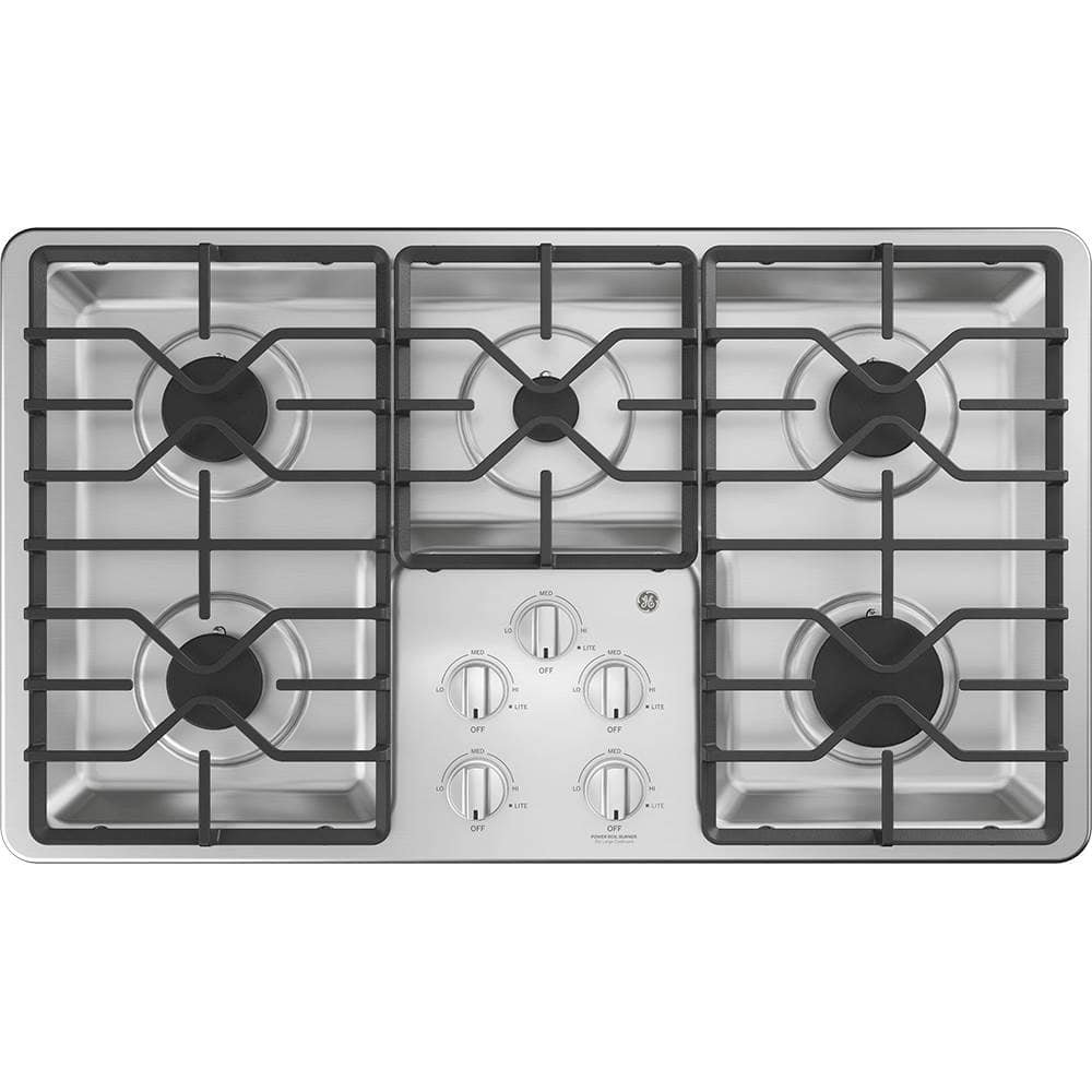 GE – 36 in. Wide 5 Burner Built-In Gas Cooktop with Dishwasher-Safe Grates – Stainless Steel