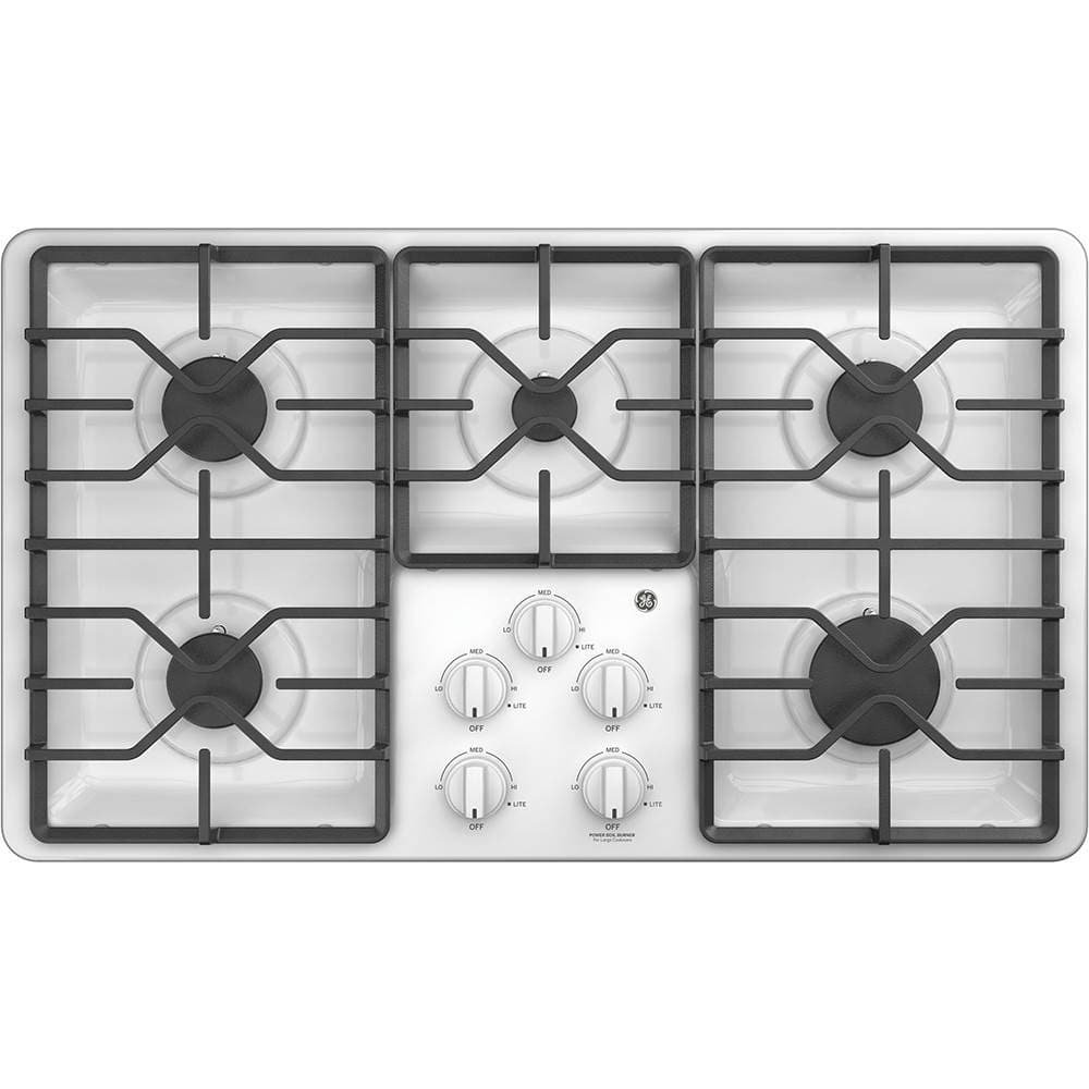 GE – 36 in. Wide 5 Burner Built-In Gas Cooktop with Dishwasher-Safe Grates – White