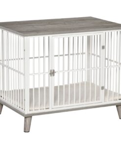 Dog Crate, Furniture Style Pet Cage Kennel, Decorative Dog House, with Soft Cushion, Wooden Top, for Small & Medium Dogs, Indoor Use, Grey
