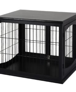 26” Wooden Decorative Dog Cage Pet Crate Kennel with Double Door Entrance & a Simple Modern Design  Black