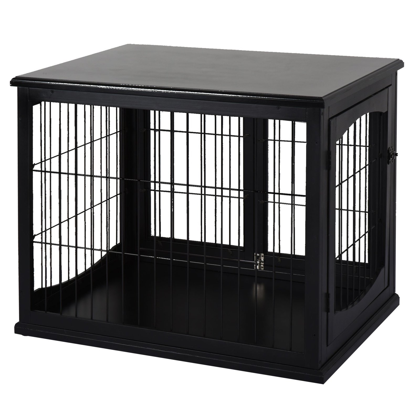 26” Wooden Decorative Dog Cage Pet Crate Kennel with Double Door Entrance & a Simple Modern Design  Black