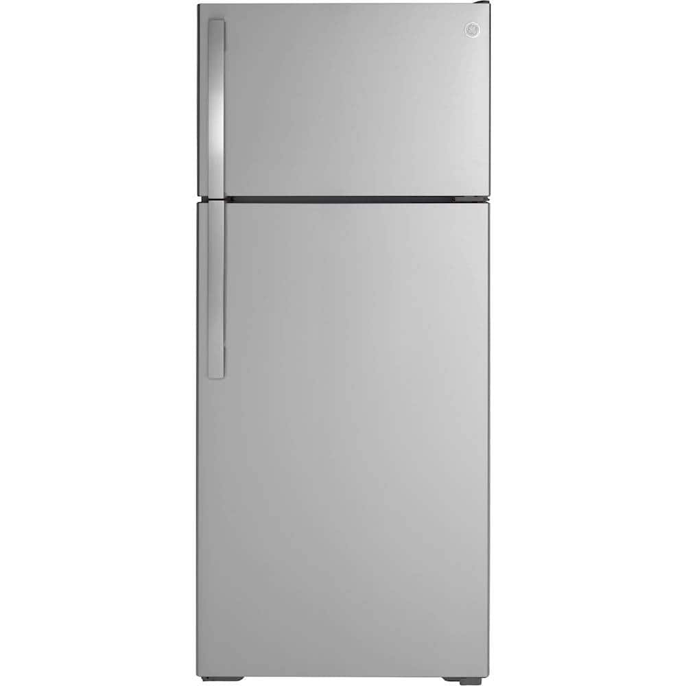 GE – 28 in. Wide 17.5 Cu. Ft. Top-Freezer Refrigerator with Edge-to-Edge Glass Shelves – Stainless Steel