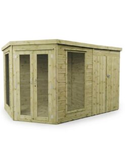 Waltons| 11×7, 12×8, 13×9 Wooden Corner Summerhouse with Side Shed | Shiplap Tongue & Groove Garden Room