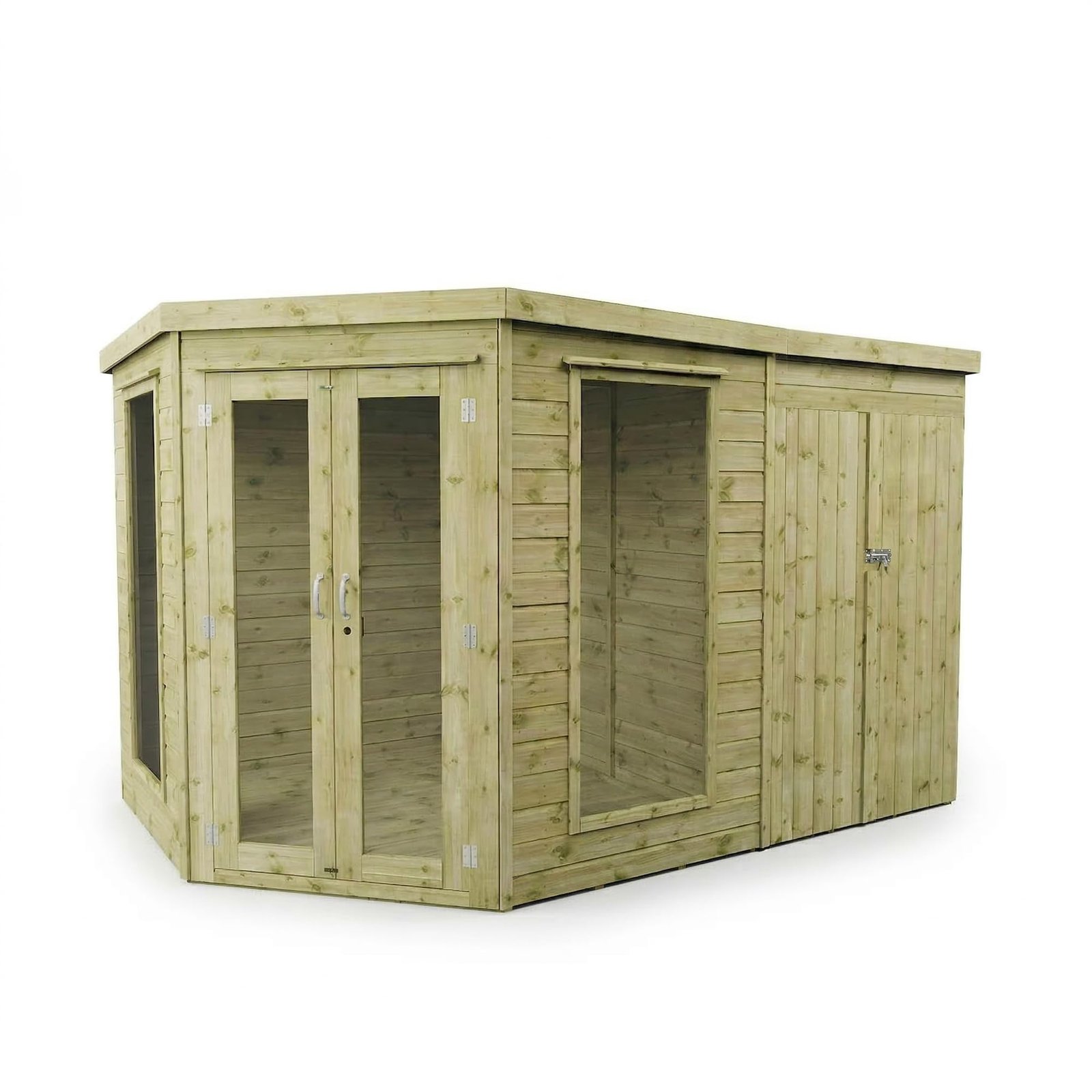 Waltons| 11×7, 12×8, 13×9 Wooden Corner Summerhouse with Side Shed | Shiplap Tongue & Groove Garden Room