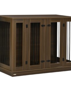 Large Furniture Style Dog Crate with Removable Panel, End Table with Two Rooms Design and Two Front Doors, Walnut, 47″ x 23.5″ x 35″