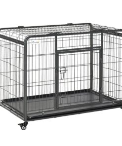 Heavy Duty Metal Dog Crate Pet Cage & Kennel with Removable Tray 4 Wheels & Folding Design Indoor Grey