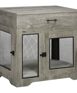 Dog Crate Furniture with Soft Water-Resistant Cushion, Dog Crate End Table with Drawer, Puppy Crate for Small Dogs Indoor with 2 Doors, Grey