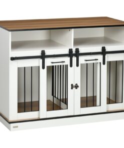 Dog Crate Furniture for Large Dogs, Double Dog Kennel for Small Dogs with Shelves, Sliding Doors, 47″ x 23.5″ x 35″, White