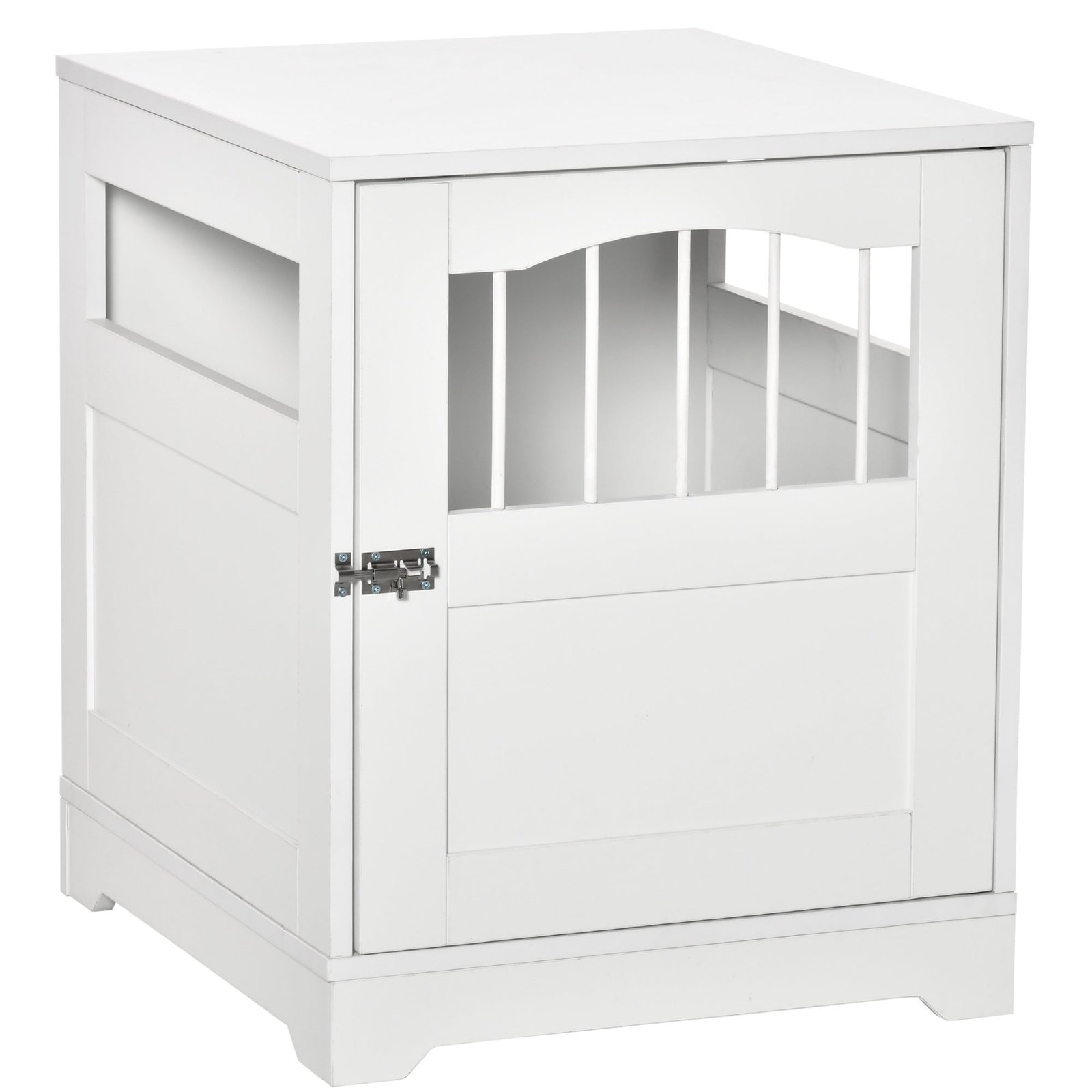 Furniture Stylish Dog Kennel, Wooden & Wire End Table with Cushion & Lockable Door, Miniature Size Pet Crate Indoor Puppy Cage, White