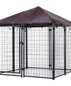 Lockable Dog House Kennel with Water-resistant Roof for Small and Medium Sized Pets, 4.6′ x 4.6′ x 5′