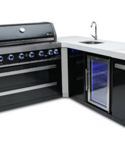 Mont Alpi 805 Black Stainless Steel Island with Beverage Center and 90 Degree Corner 6-Burner Grill 2 Infrared Burners Sink, Fridge