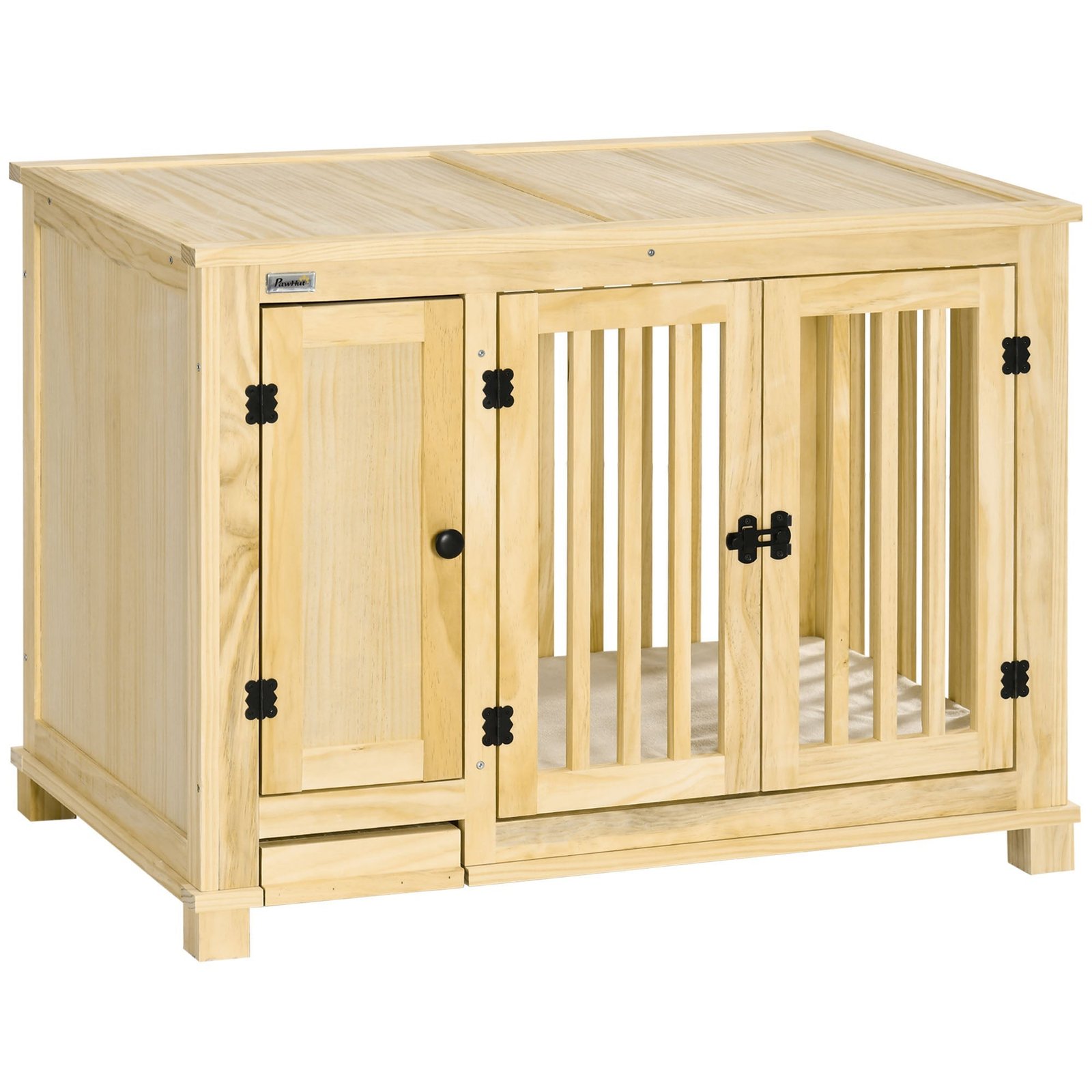 Wooden Dog Crate, Indoor Dog Kennels with Cushion Drawer Bowl Storage for Small Dogs, 37.5″ x 23″ x 27.5″, Natural