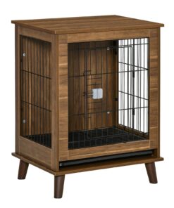 Stylish Dog Kennel, Wooden & Wire End Table Furniture with Cushion & Lockable Magnetic Doors, Small Size Pet Crate Indoor Animal Cage, Brown