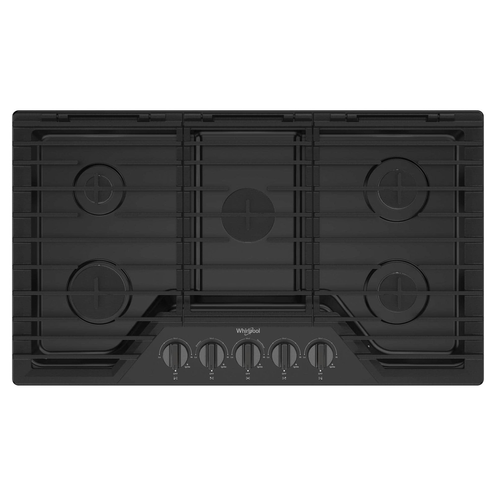 Whirlpool – 36 in. Wide 5 burners Built-In Gas Cooktop with EZ-2-Lift Hinged Cast-Iron Grates – Black Stainless Steel
