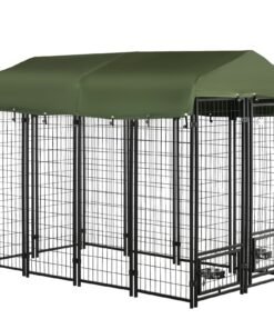 Outdoor Dog Kennel, Lockable Pet Playpen Crate, Welded Wire Steel Fence, with Water-, UV-Resistant Canopy, Rotating Bowl Holders, Door