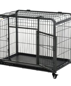 Metal Dog Crate Heavy Duty Kennel with Removable Tray 4 Wheels & Folding Design Grey