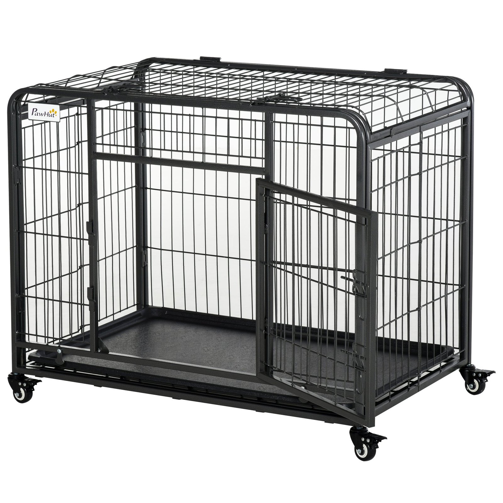 Metal Dog Crate Heavy Duty Kennel with Removable Tray 4 Wheels & Folding Design Grey