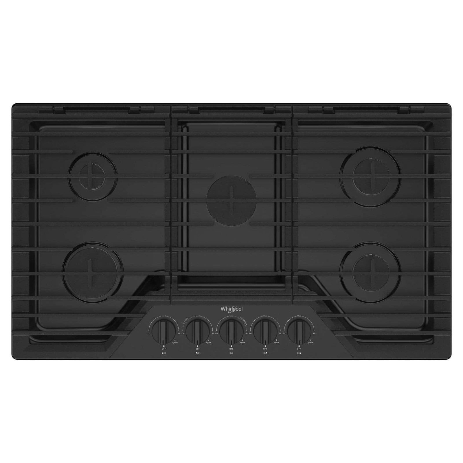 Whirlpool – 36 in. Wide 5 burners Built-In Gas Cooktop with EZ-2-Lift Hinged Cast-Iron Grates – Black
