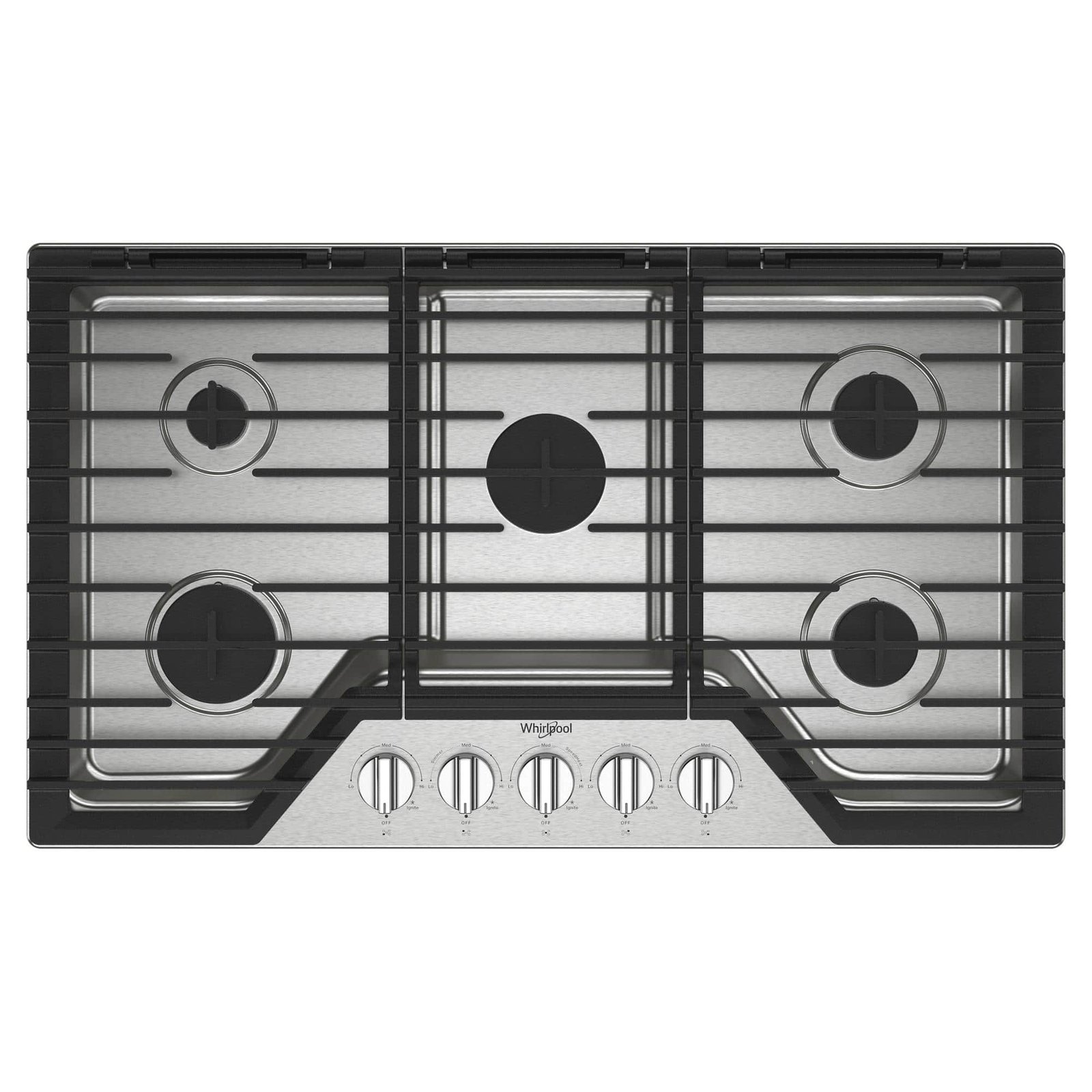 Whirlpool – 36 in. Wide 5 burners Built-In Gas Cooktop with EZ-2-Lift Hinged Cast-Iron Grates – Stainless Steel