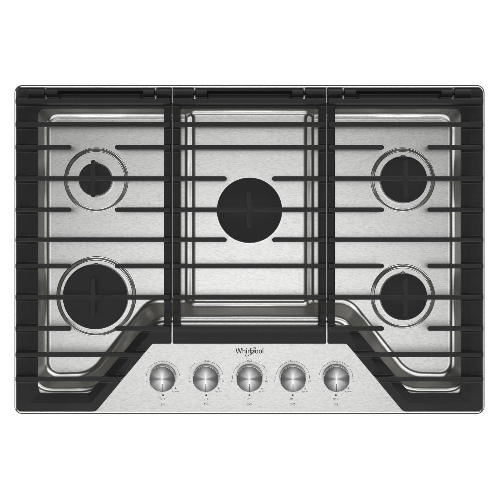Whirlpool – 30 in. Wide 5 burners Built-In Gas Cooktop with EZ-2-Lift Hinged Cast-Iron Grates – Stainless Steel