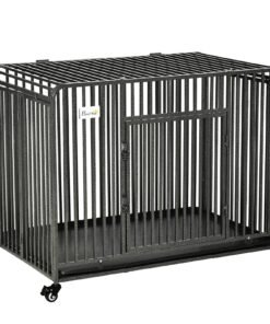 43″ Heavy Duty Dog Cage, Foldable Steel Crate Kennel with Removable Tray, Double Doors, 4 Lockable Wheels for Medium & Large Dogs, Dark Silver