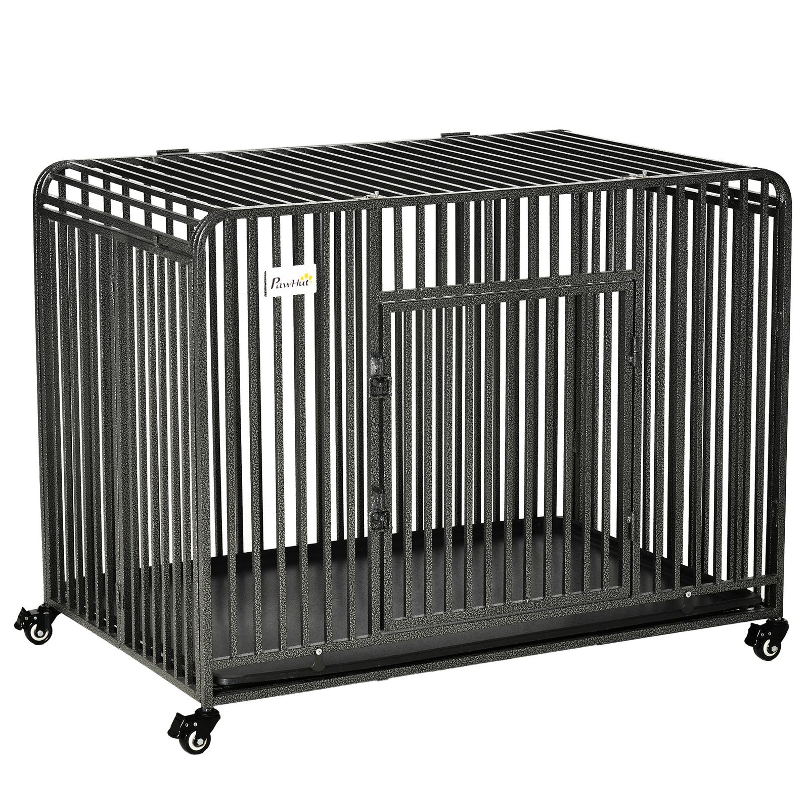 43″ Heavy Duty Dog Cage, Foldable Steel Crate Kennel with Removable Tray, Double Doors, 4 Lockable Wheels for Medium & Large Dogs, Dark Silver