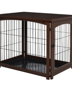 Wooden Decorative Dog Cage Pet Crate with Fence Side Table Small Animal House and Tabletop, Brown