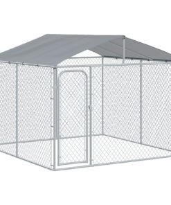 Outdoor Metal Dog Kennel, Pet Playpen with Steel Lock, Mesh Sidewalls and Cover for Backyard & Patio, 9.8′ x 9.8′ x 7.7′