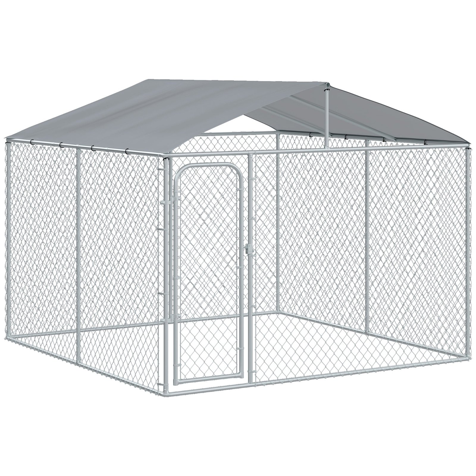 Outdoor Metal Dog Kennel, Pet Playpen with Steel Lock, Mesh Sidewalls and Cover for Backyard & Patio, 9.8′ x 9.8′ x 7.7′