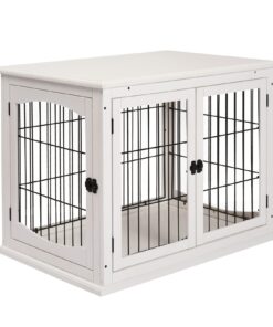 26″ Wooden Dog Crate, Furniture Style Pet Cage Kennel, End Table, with Lockable Double Door Entrance, and Top Shelf, White