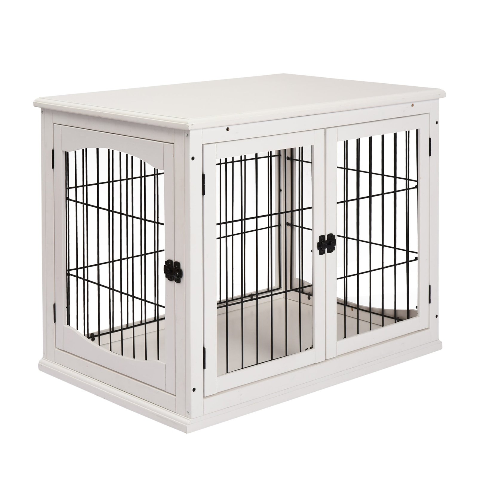 26″ Wooden Dog Crate, Furniture Style Pet Cage Kennel, End Table, with Lockable Double Door Entrance, and Top Shelf, White
