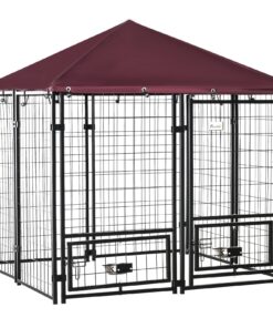 Indoor/Outdoor Metal Dog Kennel, Dog House with Lock, Weather Resistant Canopy and 2 Bowl Holders and Bowls, 4.6′ x 4.6′ x 5′, Black / Red