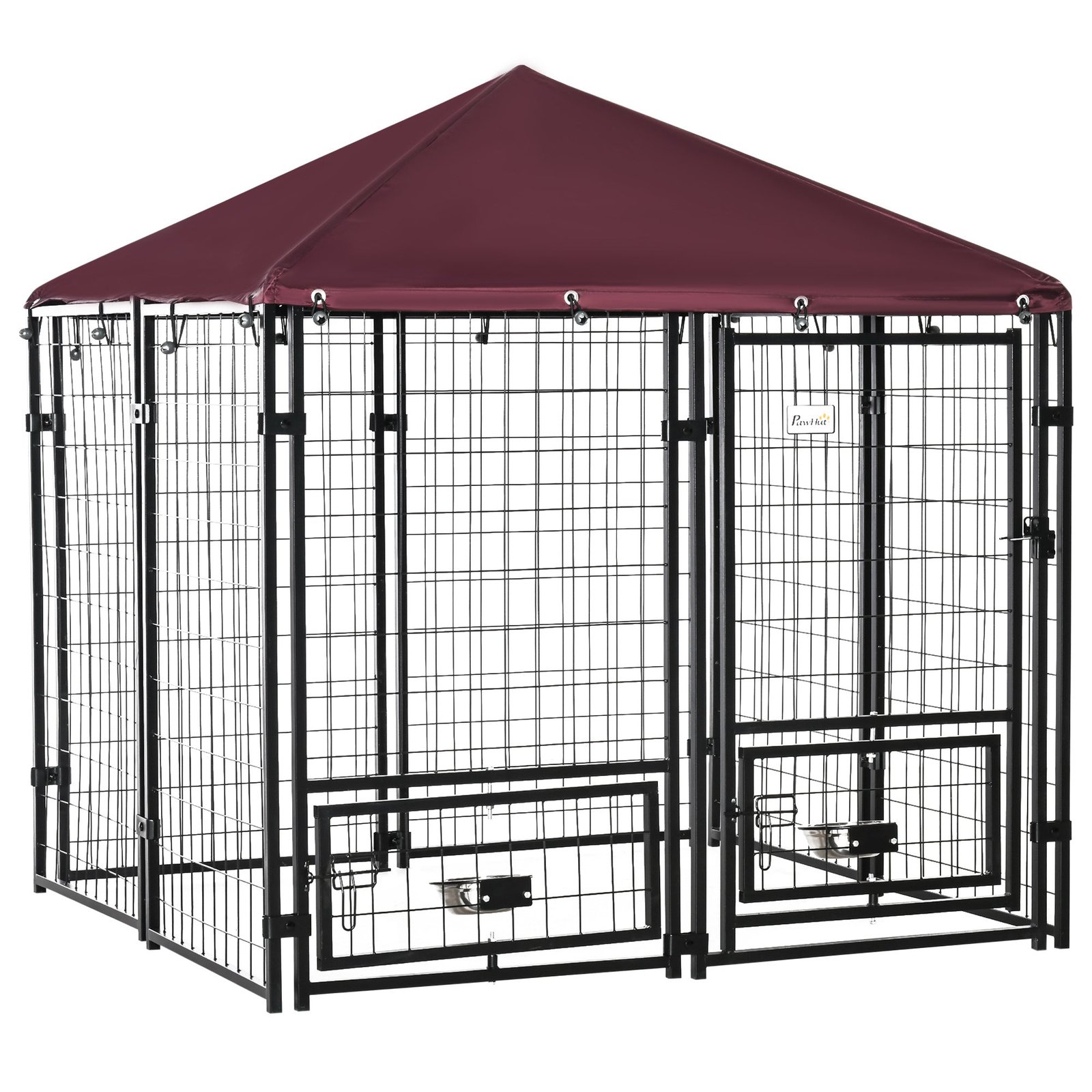 Indoor/Outdoor Metal Dog Kennel, Dog House with Lock, Weather Resistant Canopy and 2 Bowl Holders and Bowls, 4.6′ x 4.6′ x 5′, Black / Red