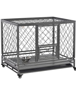 Heavy Duty Dog Cage Metal Kennel and Crate Dog Playpen with Lockable Wheels, Slide-out Tray, Food Bowl and Double Doors